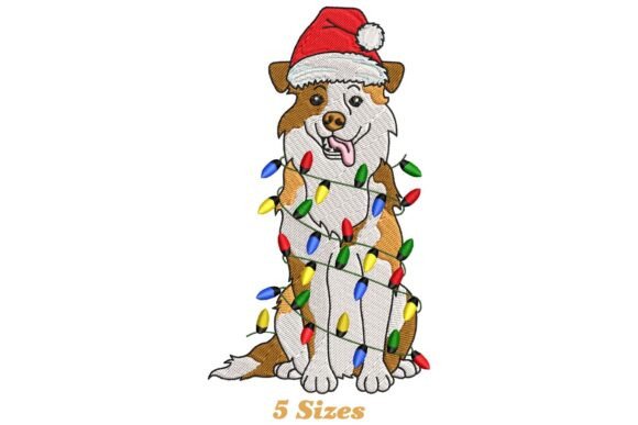 Australian Shepherd Dog with Christmas Lights Embroidery Design